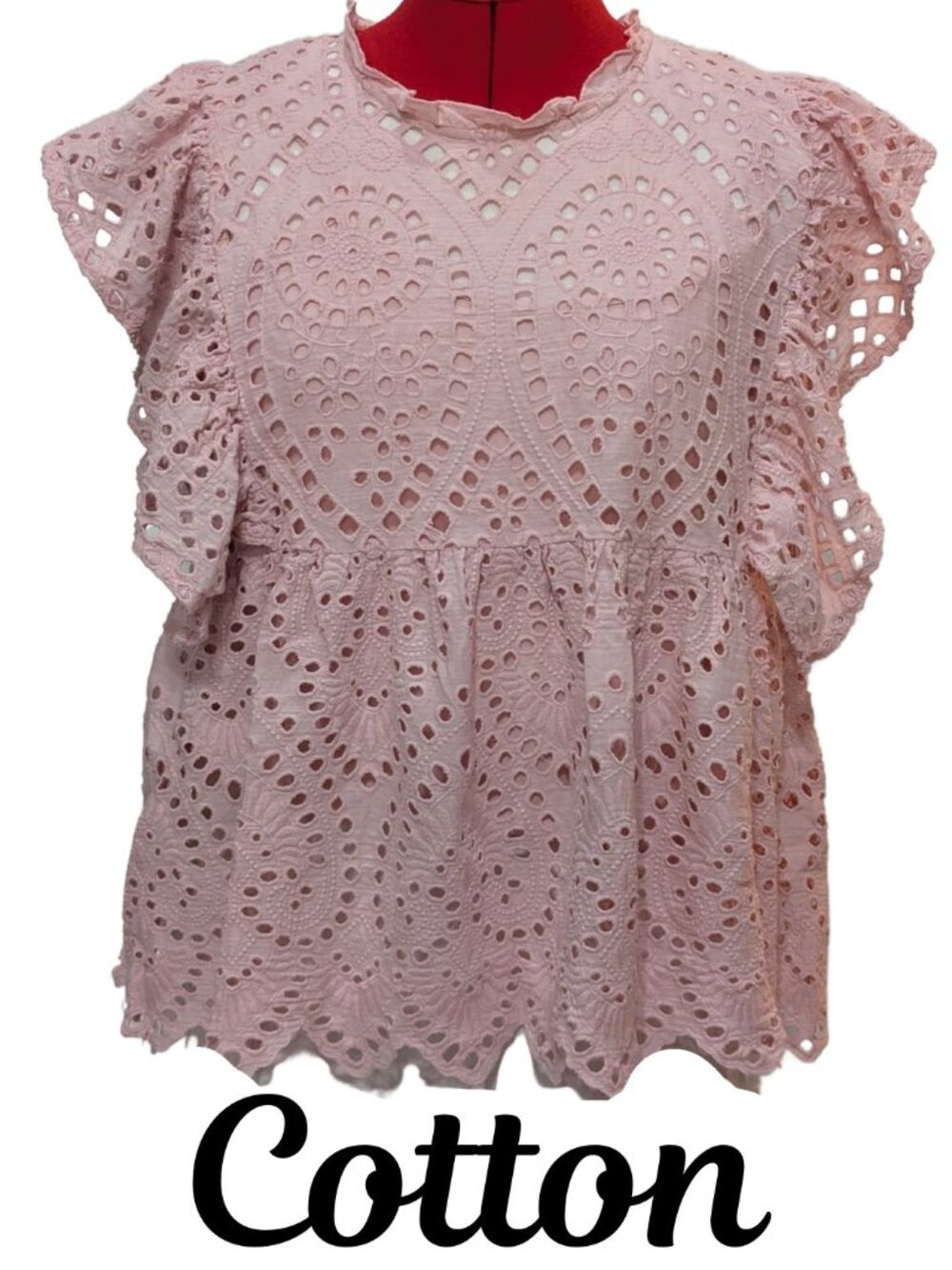 RAIN Pink Eyelet Lace Flutter Sleeve Blouse with Tank Lining
